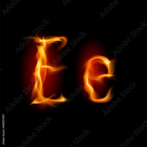 Fiery font. Letter E. Illustration on black background