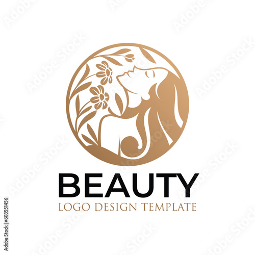 Beautiful Woman Logo With Gold Leaves and Flowers