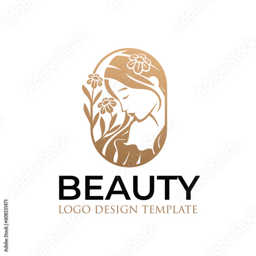 Beautiful Woman Logo With Gold Leaves and Flowers