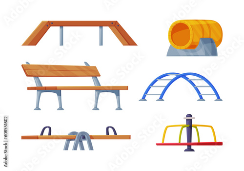 Playground Equipment with Wooden Seesaw, Bench, Tube, Ladder and Carousel Vector Set