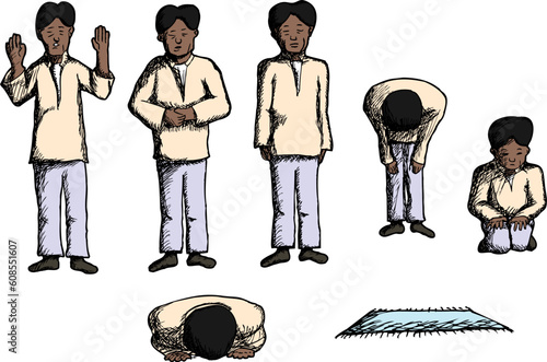Man in different prayer positions with prayer mat