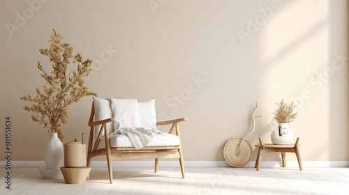 Modern interior japandi style design livingroom. Lighting and sunny scandinavian apartment with plaster and wood. Generative AI