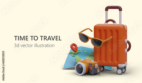 Bright vector template for advertising flyer with 3D elements. Time to see world. Organization of trips abroad. Travel guide services. Reservation and purchase of tourist tickets