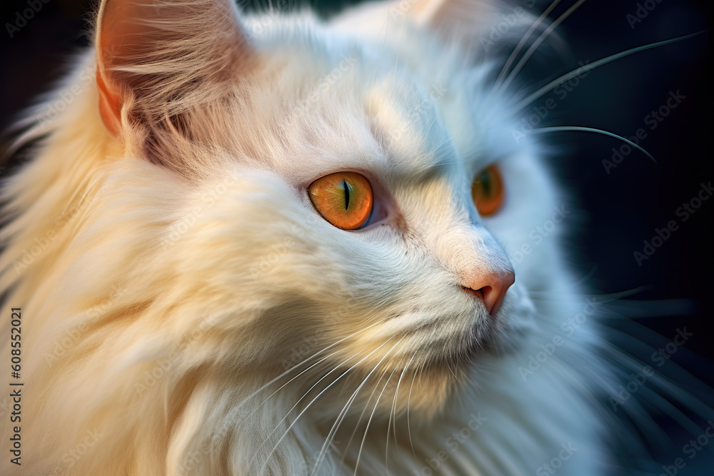 A close up of a white cat with orange eyes. Generative AI.