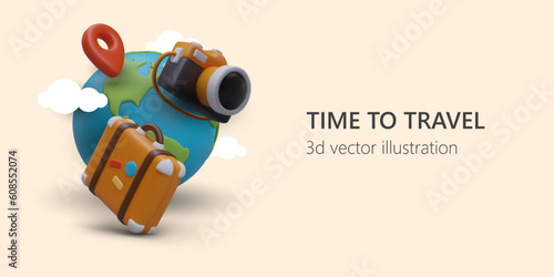Time to see world. Organization of trips to different countries. Tour sales agency advertising template. Banner with 3D multiplicative elements. Color design for web page