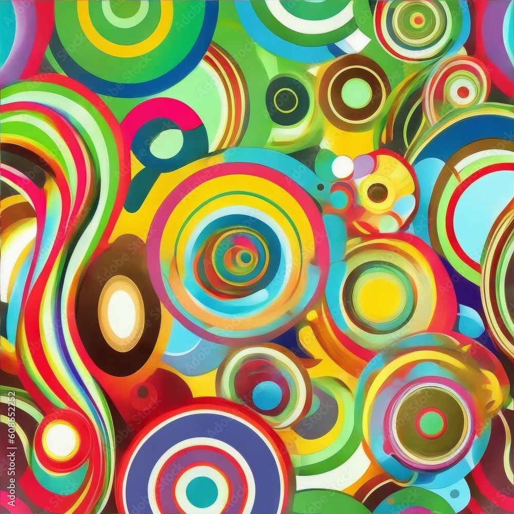 Kreise und Spiralen, sehr bunter Hintergrund in kräftigen Farben, copy space, generative AI Kreise und Spiralen, sehr bunter Hintergrund in kräftigen Farben, copy space, generative AI