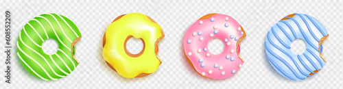 Realistic bitten donut isolated vector design. Confectionery biscuit bagel set for cafe menu illustration. 3d top view glazed and bite doughnut in ink, blue, yellow and green icing decoration