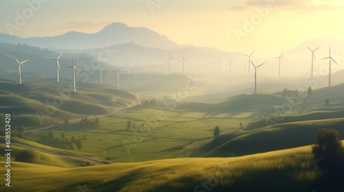 Renewable Energy Concepts. Wind Power in Mountain Valley. Carbon Neutral and Emission ,ESG for Clean Energy. Sustainable Resources, Environmental Care. Mist in the Morning. AI generative