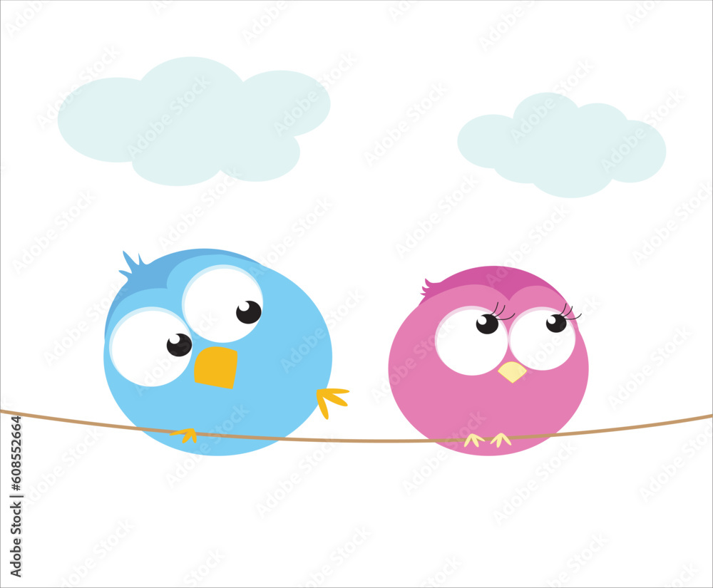 Two cartoon birds sitting on a wire. Vector illustration Two cartoon birds sitting on a wire. Vector illustration