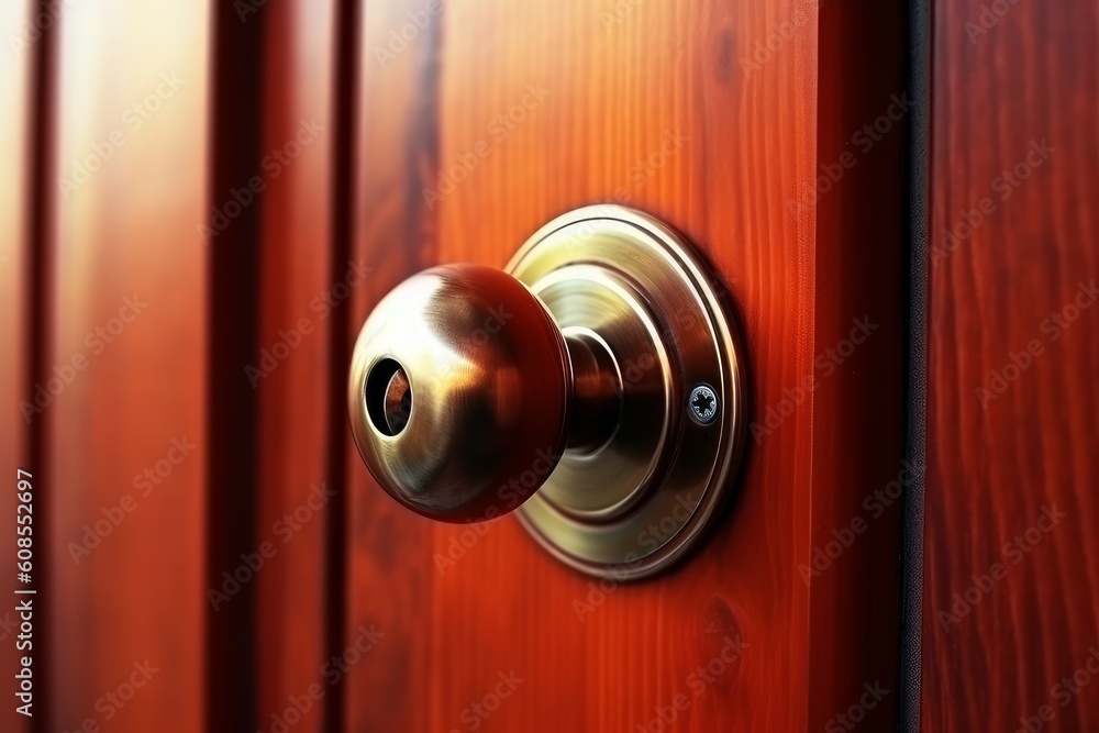 Closeup doorknob of wooden door between open or close. Generative AI - obrazy, fototapety, plakaty 