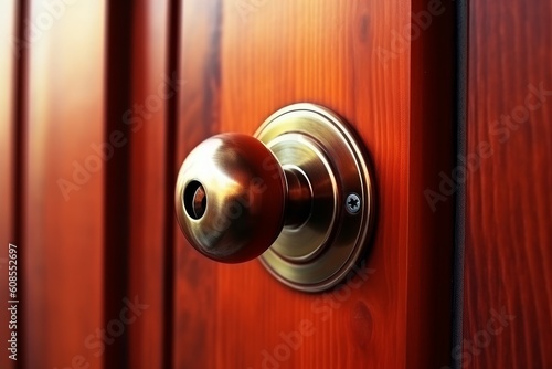 Closeup doorknob of wooden door between open or close. Generative AI photo