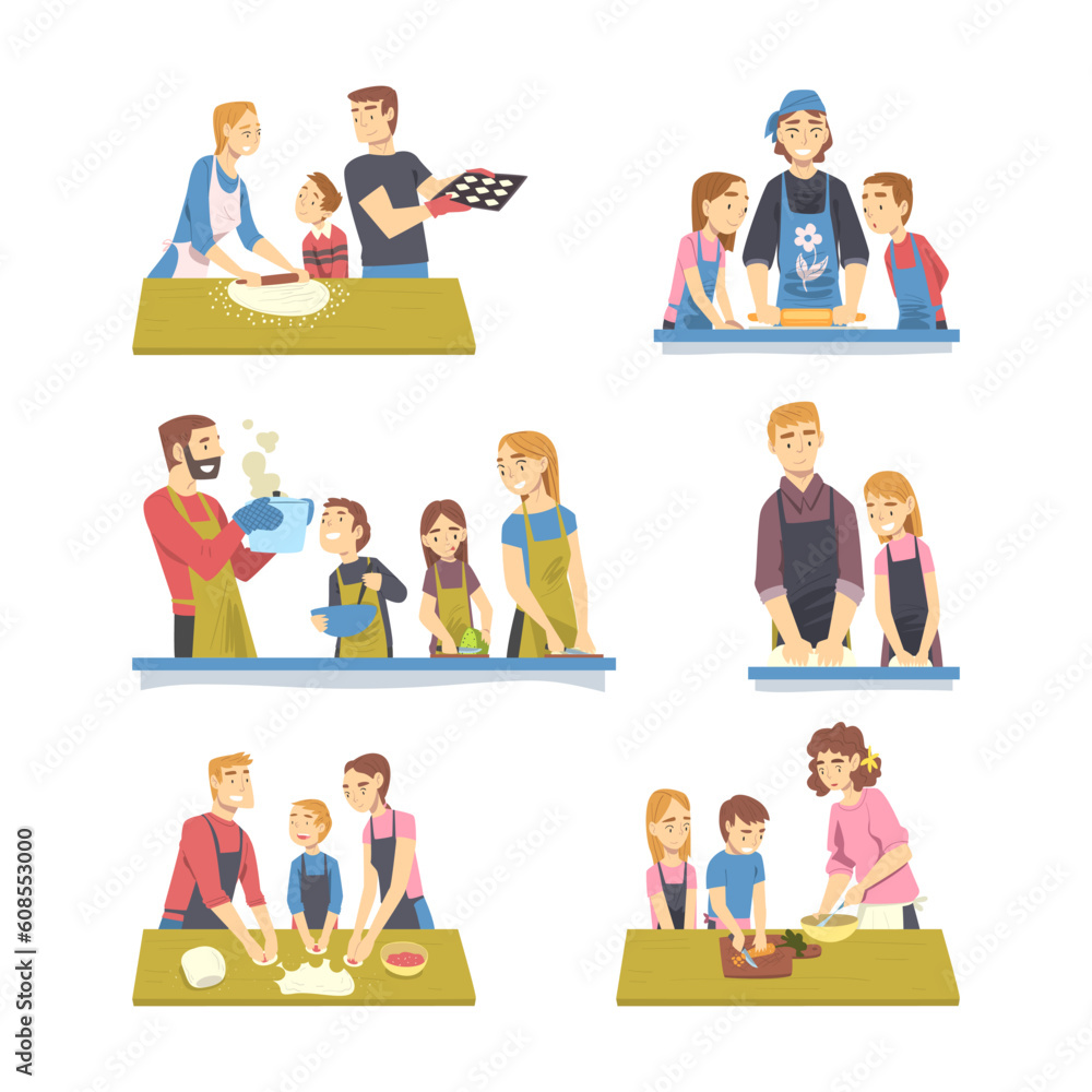 Happy Family Cooking Together in the Kitchen Vector Set Happy Family Cooking Together in the Kitchen Vector Set