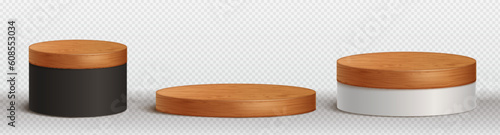 3d wood black product display podium background. White wooden platform stage for nature beauty scene presentation on kitchen. Isolated round empty cosmetic cylinder pedestal template vector ad mockup