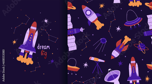 Cosmic seamless pattern and poster. Rockets, stars, satellite and UFO. Stars, planets and constellations. Vector illustration in a flat style. International Day of Human Space Flight and Cosmonautics