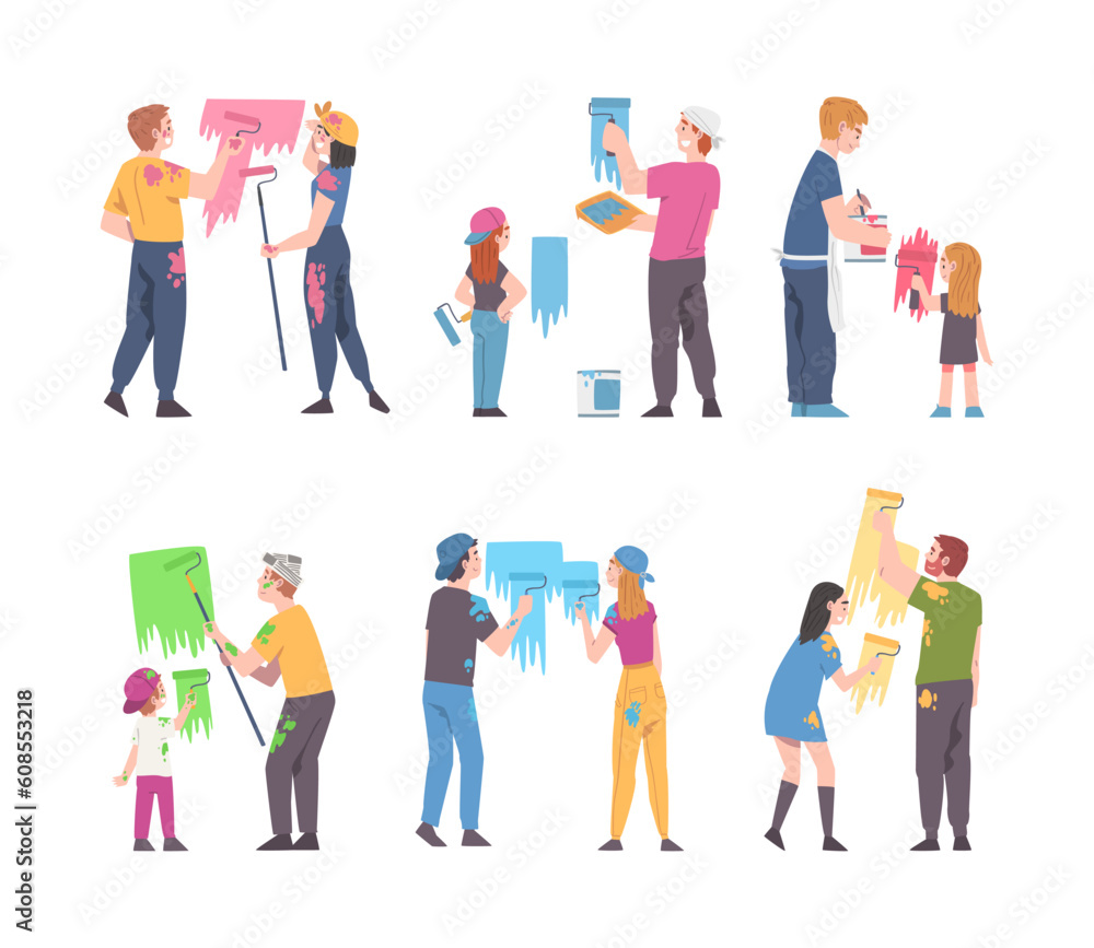 Obraz premium Young Family with Kid Holding Paint Roller Making Repair and Home Renovation Vector Illustration Set