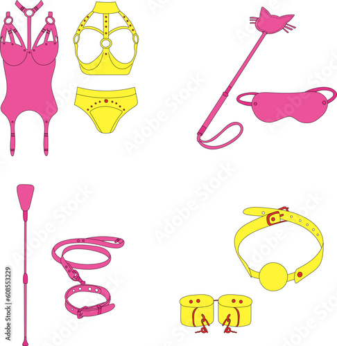 Vector Illustration pink yellow Collar Whip Whip Leather Corset Female Spikes Masks Handcuffs Collar Domination Sex Shop Background Red Gray