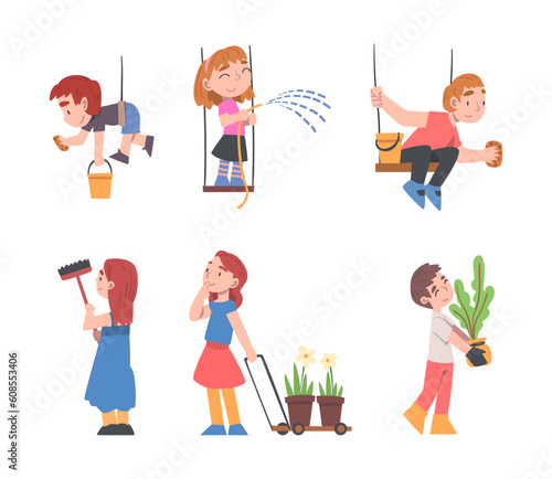 Little Boy and Girl Taking Care of Planet with Sponge and Water Vector Illustration Set