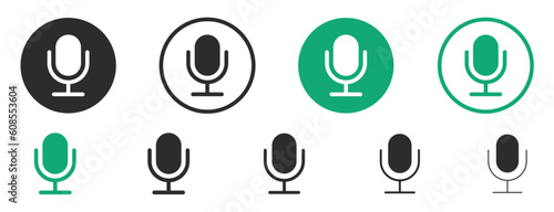 Microphone mic icon set. Radio podcast mic icons. Broadcast microphone vector symbols. Interview mic icon set. Audio record thin outline signs. 