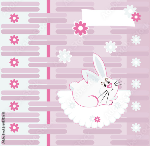 color greeting card with place for signature. Cute rabbit sits on the napkin and looks at the flowers