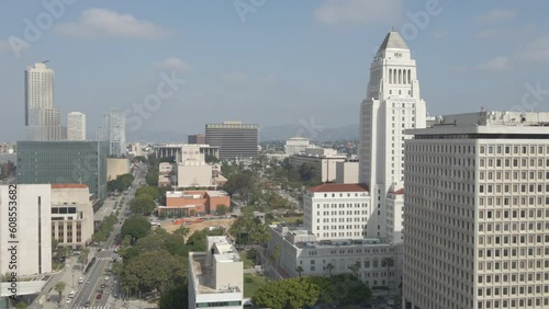 Aerial View Towards Bunker Hill Los Angeles City Hall 4K