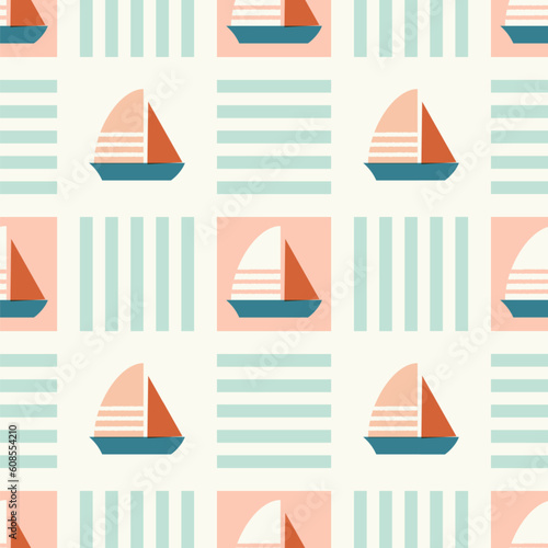 Seamless pattern with cute and whimsical sailboats and stripes. Applicable for fabric, kids room wallpaper, stationaries, etc.