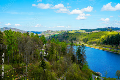View of the Sorpesee and the surrounding nature near Sundern. Landscape in the Sauerland at the lake with green forests. 