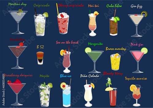 Set of different kind of alcoholic cocktails and drinks