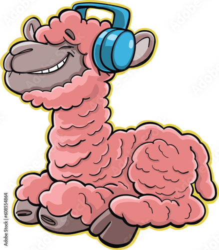 pink llama is listening to good music on headphones