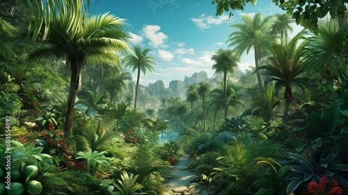 A vibrant tropical jungle with tall palm trees and lush greenery. Generative ai