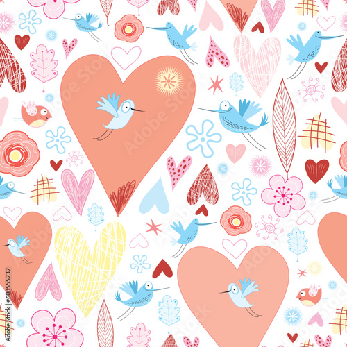 seamless pattern of hearts and birds on a white background decorative