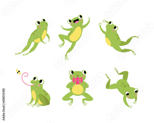 Cute Green Frog with Protruding Eyes Vector Illustration Set