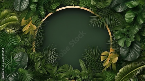 A luxurious tropical-themed background with a golden circle accent. Generative ai