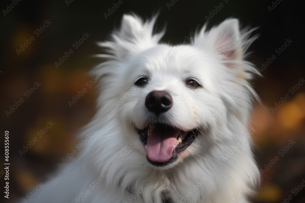 Cute white dog in the autumn park. Close-up. AI Generated