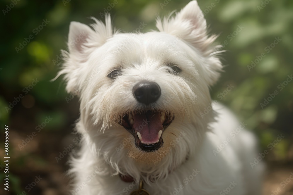 West Highland white terrier portrait in the garden. Shallow DOF AI Generated
