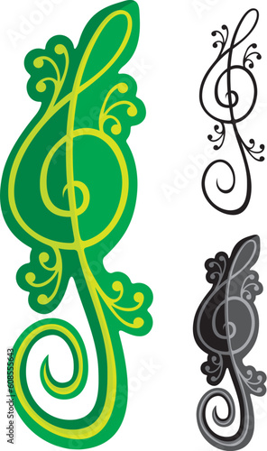 Treble clef shaped like a green lizard isolated on black background.