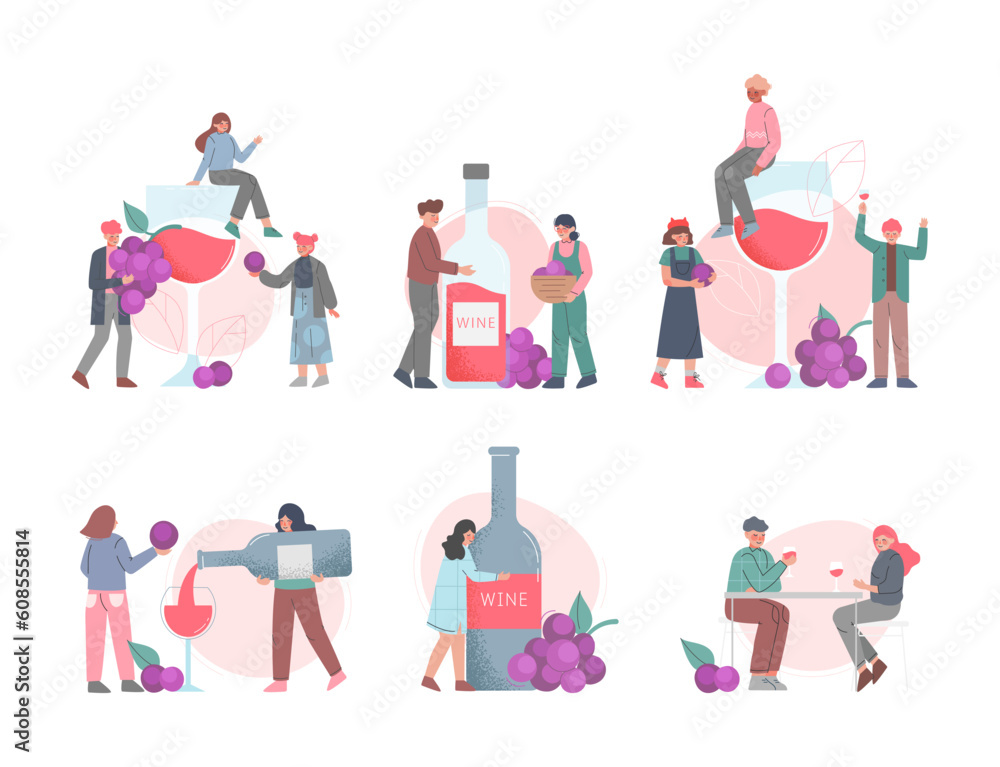 People Characters Relaxing with Red Wine Drink with Bottle and Glass Vector Set