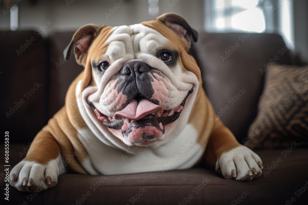 English bulldog sitting on a sofa in the living room at home AI Generated