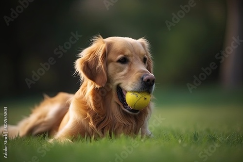 Golden Retriever playing with a ball in the garden. Selective focus. AI Generated