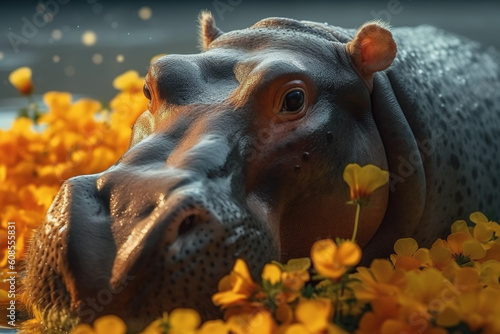 Image of brightly colored hippopotamus with colorful tropical flowers. Wild Animals. Illustration. Generative AI. © yod67