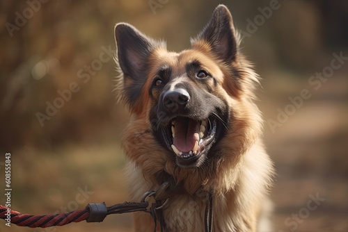 German shepherd dog on a leash. Selective focus on the dog AI Generated