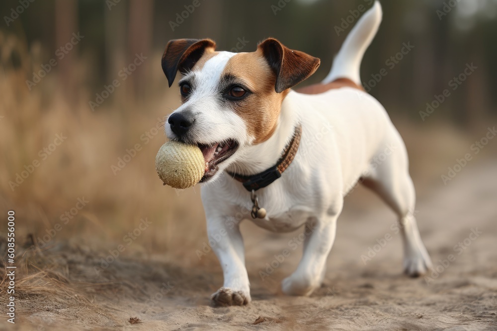 Jack russell terrier dog playing with a ball in the forest AI Generated