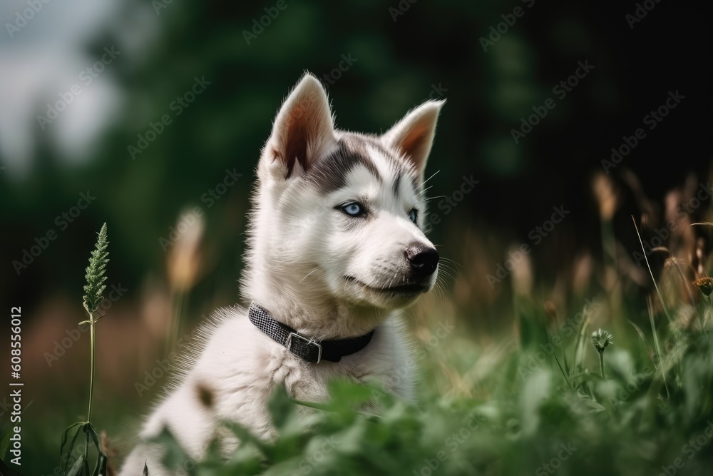 Siberian Husky puppy sitting on the grass in the park, Cute Siberian husky puppy sitting in the green field, Ai generated