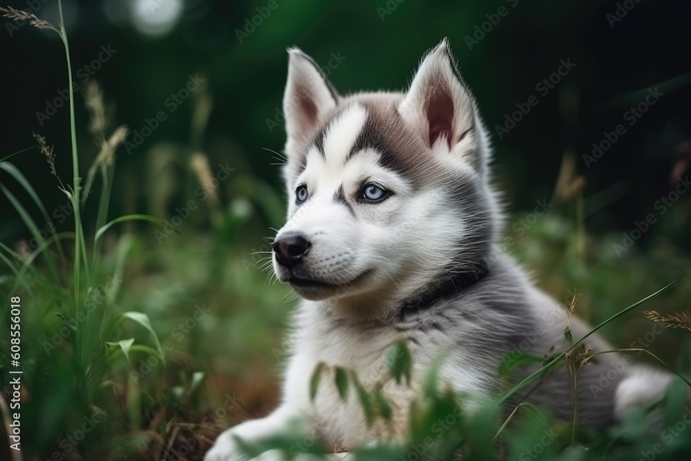 Siberian Husky puppy lying in the grass and looking at the camera, Cute Siberian husky puppy sitting in the green field, Ai generated