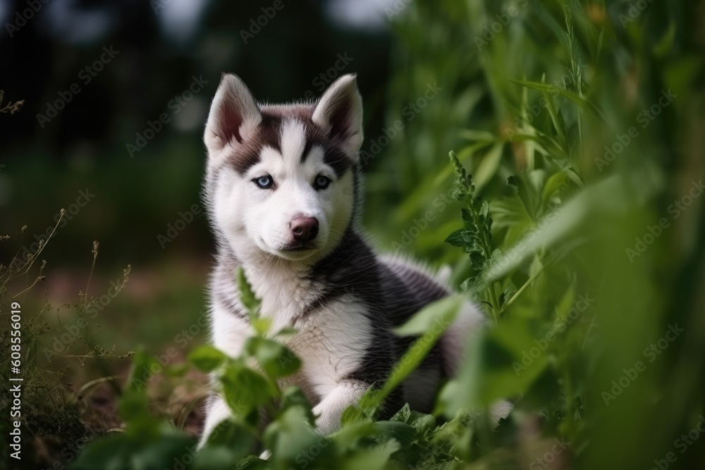 siberian husky puppy sitting in the grass in the park, Cute Siberian husky puppy sitting in the green field, Ai generated