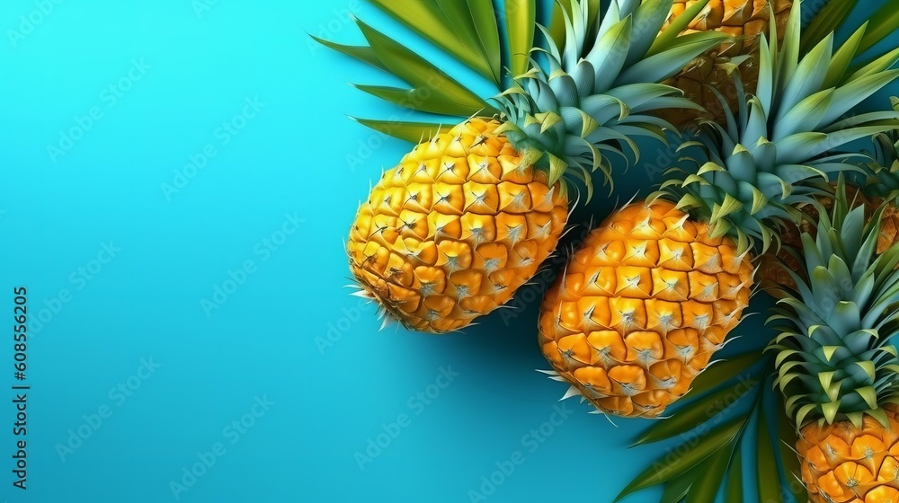 Fototapeta A vibrant, juicy pineapple on a bright blue backdrop. Generative ai