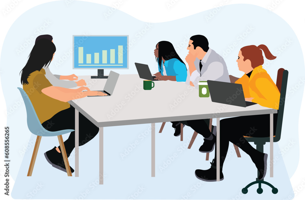 Business team having a meeting in a office room. Meeting of colleagues. Teamwork concept, digital workspace. Corporate business team flat vector illustration.