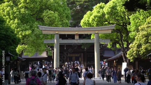 Tokyo, Japan: People walk through the Tori traditional gate toward the famous Meiji Jingu Shinto temple in the heart of Tokyo between Shibuya and Shinjuku. Shot as a time lapse video photo