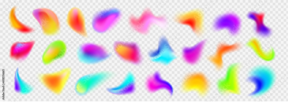 Holographic abstract blur spot. Vector 3d chameleon y2k aura shape gradient texture. Soft geometric blend graphic design isolated set. Bright fluid paint colorful blurry dynamic brush stroke glow