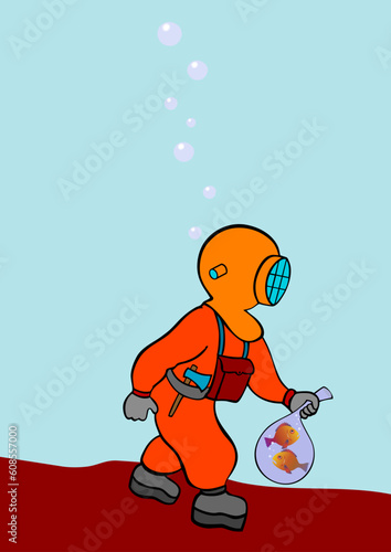 cartoon illustration of the deep sea diver on the prowl - vector. This file is vector, can be scaled to any size without loss of quality.