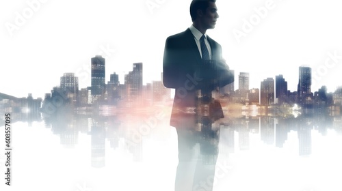 A layered image of a businessman, urban cityscape, and green foliage elements. The sustainable development and green investing concept in a modern, eco-conscious business world. Generative AI